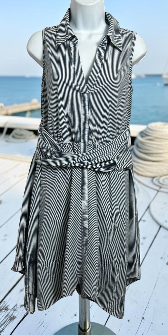 INC Nautical Midi Dress Sz 14 Blue White Striped V-Neck Cotton Blend Coastal